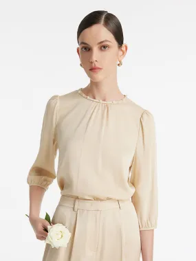 19 Momme Blouse froncée à col rond et perles en soie de mûrier pour fe