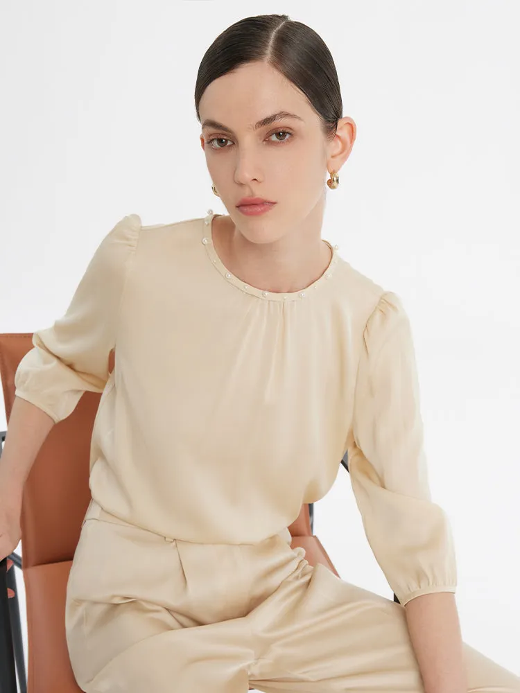 19 Momme Blouse froncée à col rond et perles en soie de mûrier pour fe