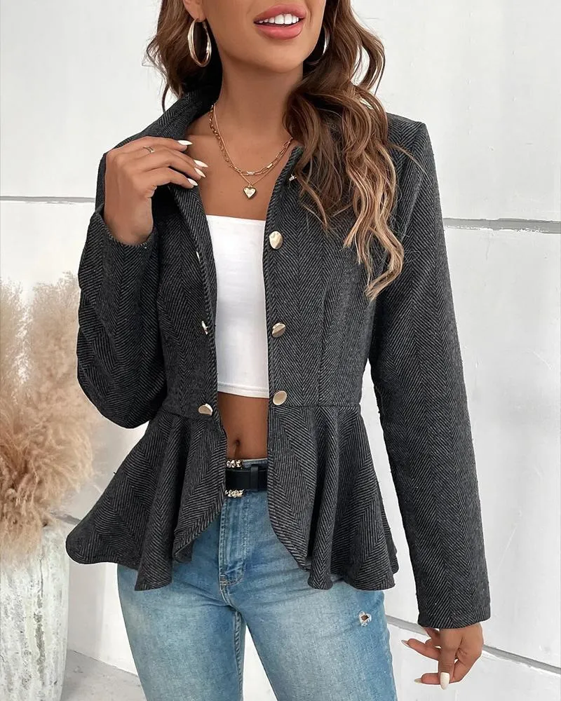 Blazer Cintré avec Boutons et Ourlet Volanté pour Femmes