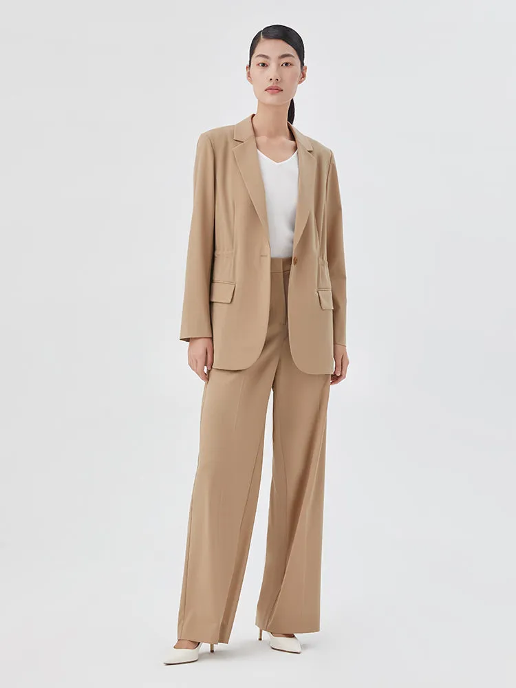 Blazer femme plissé en laine et soie chameau clair