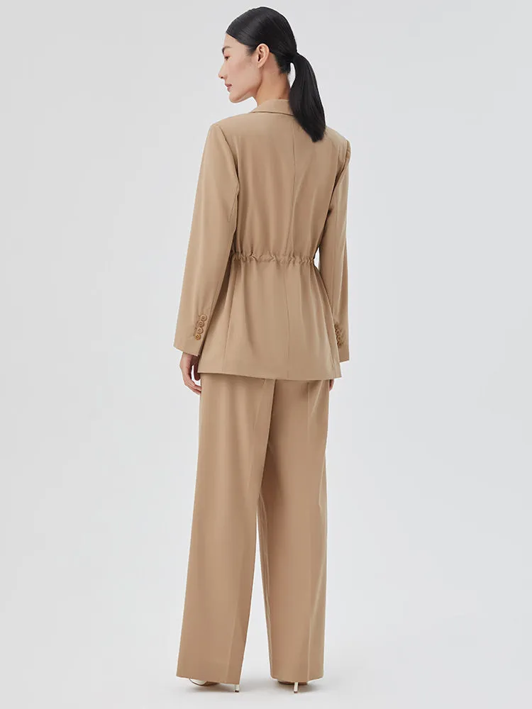 Blazer femme plissé en laine et soie chameau clair