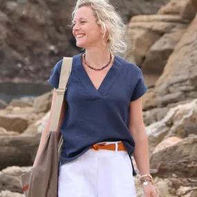 Blouse Savine- double gaze de coton bleu marine
