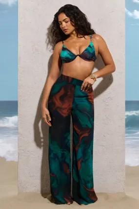 Cuba | Pantalon à imprimé bleu en mousseline et jambes larges
