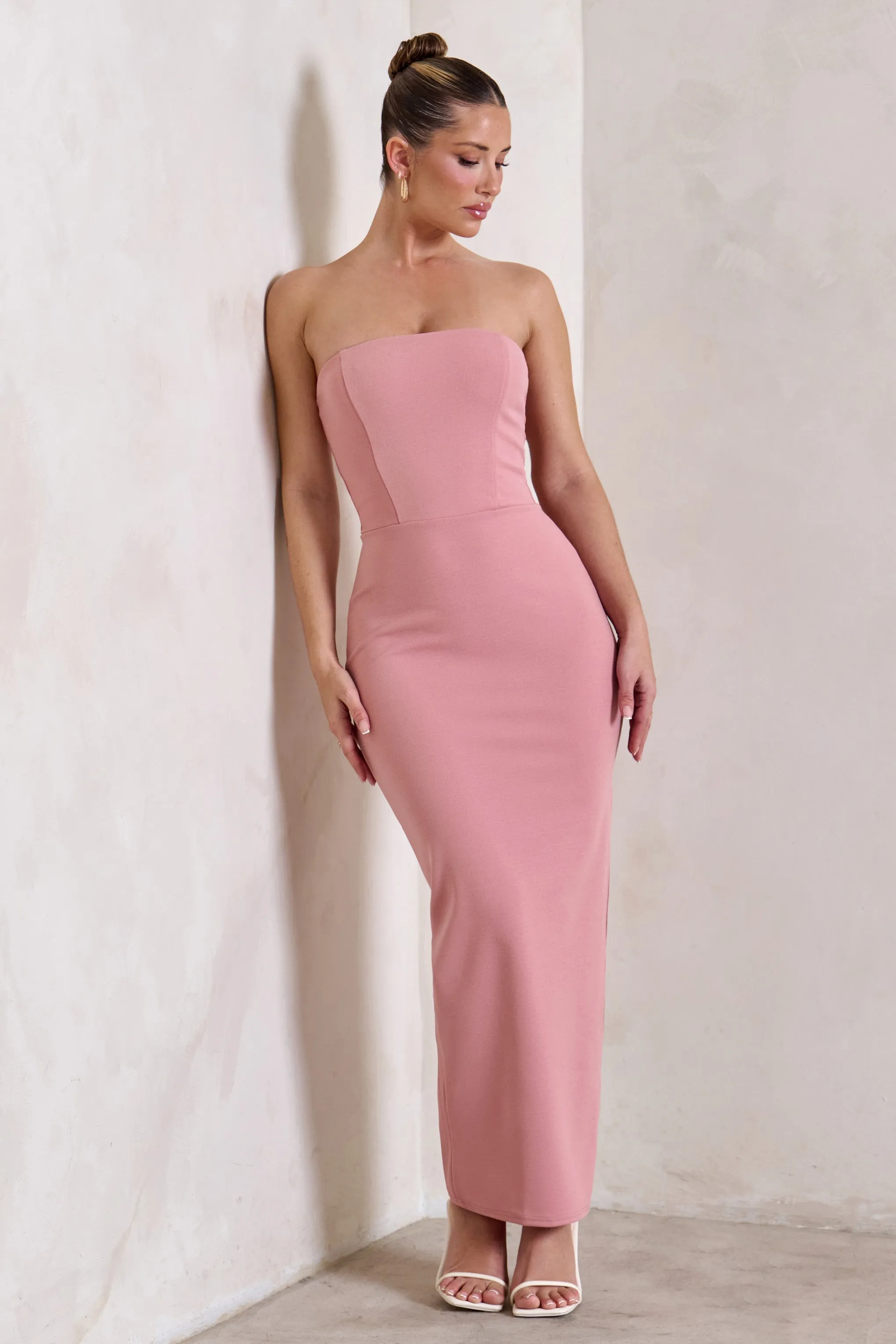 Dina | Robe longue bandeau rose poudré avec fente
