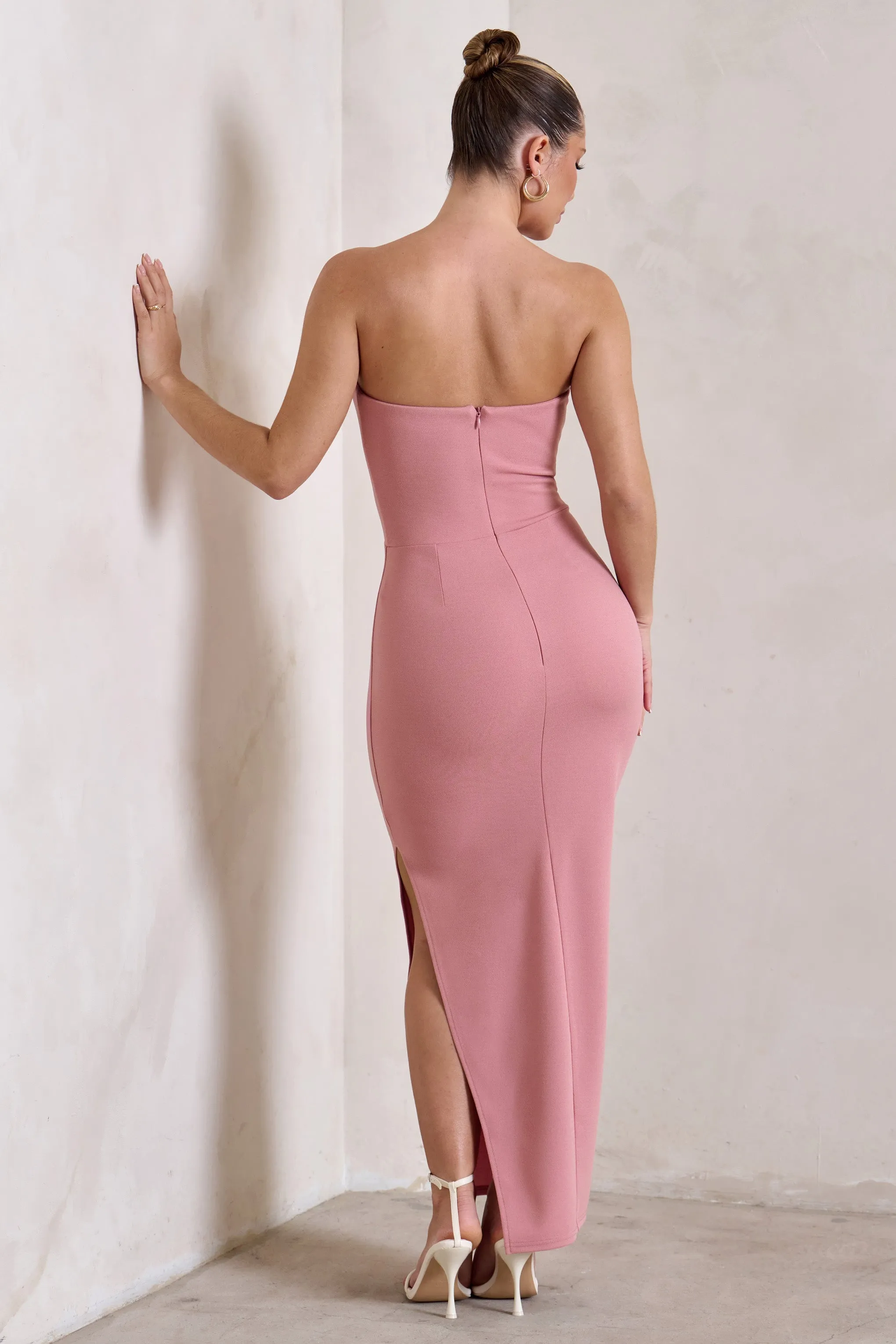 Dina | Robe longue bandeau rose poudré avec fente