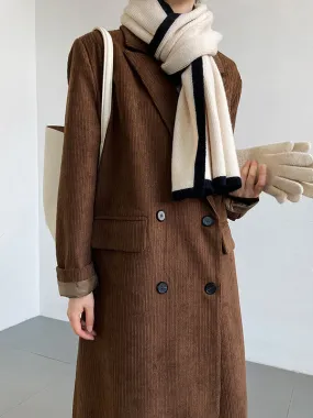 Marron Blazer Longue en Velours Côtelé Double Boutonnage pour Femme