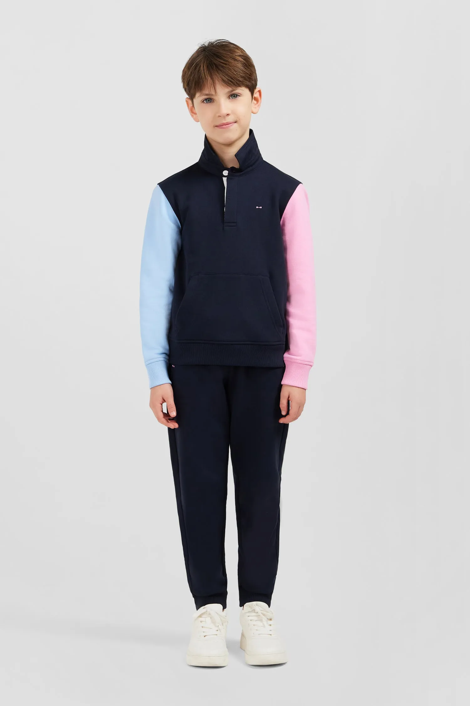 Sweatshirt col polo marine manches bicolores en coton