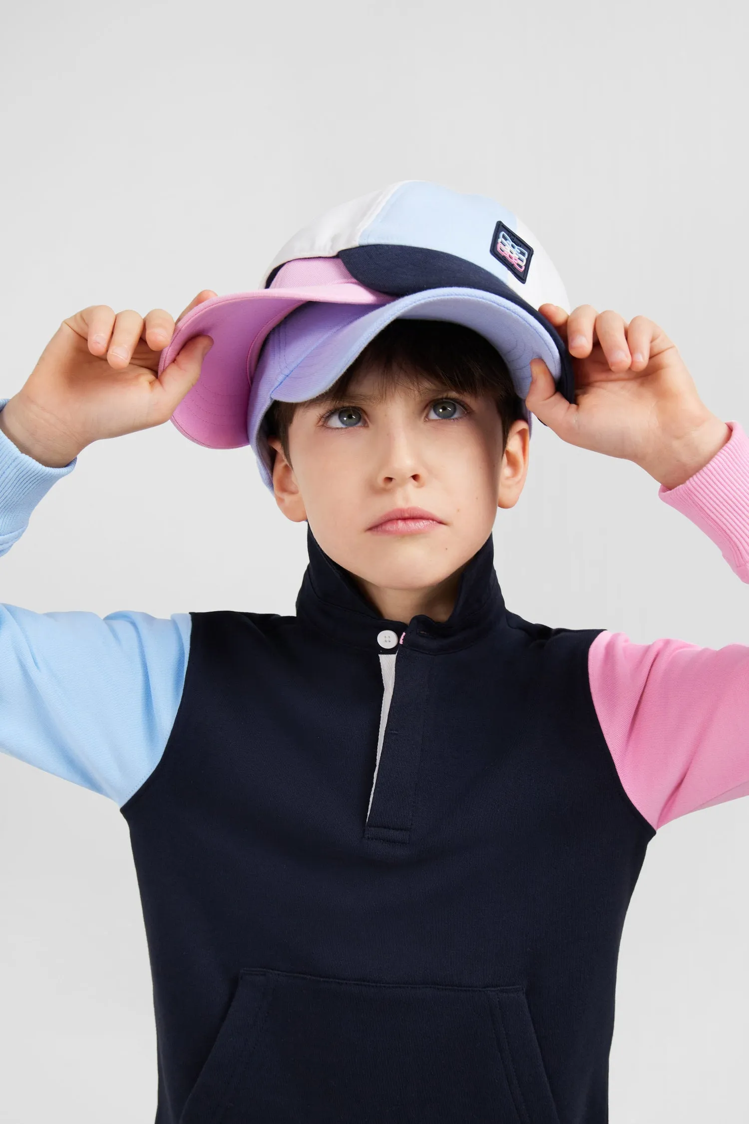 Sweatshirt col polo marine manches bicolores en coton